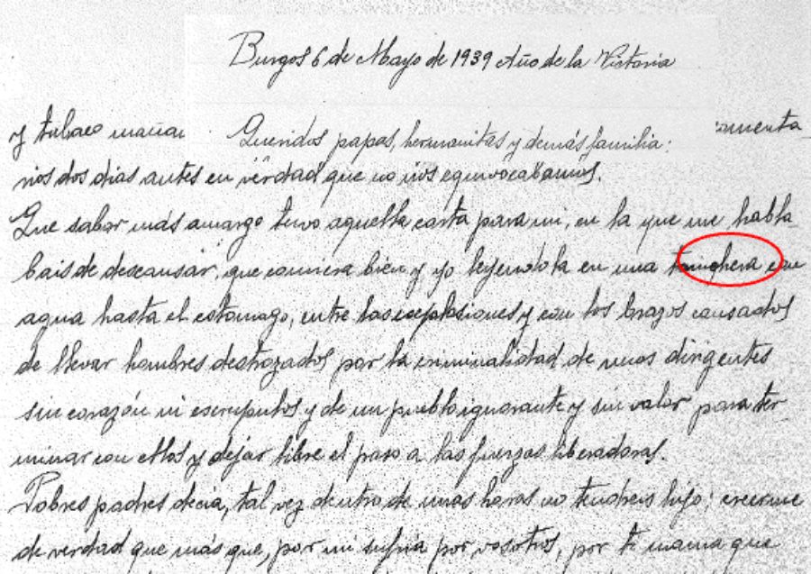 Carta que escribe un joven soldado español a sus padres. La fecha de la misma es de 6 de Mayo de 1939. 