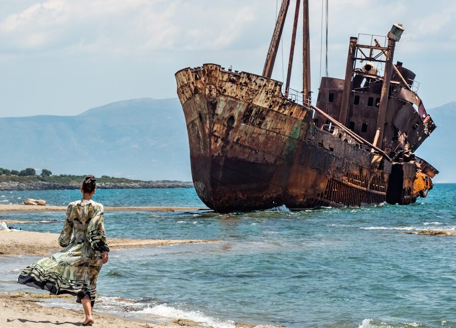 brown ship on shore