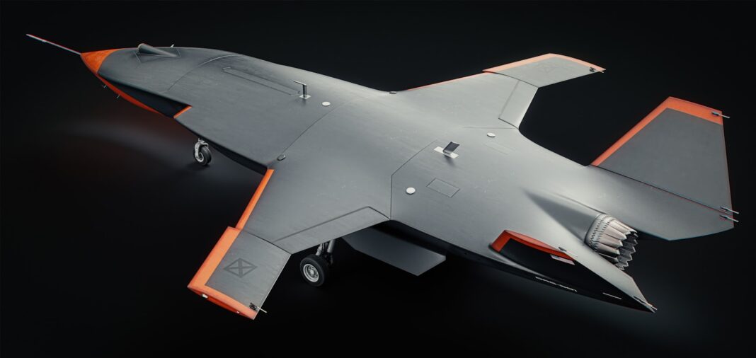A gray aircraft is viewed from above.
